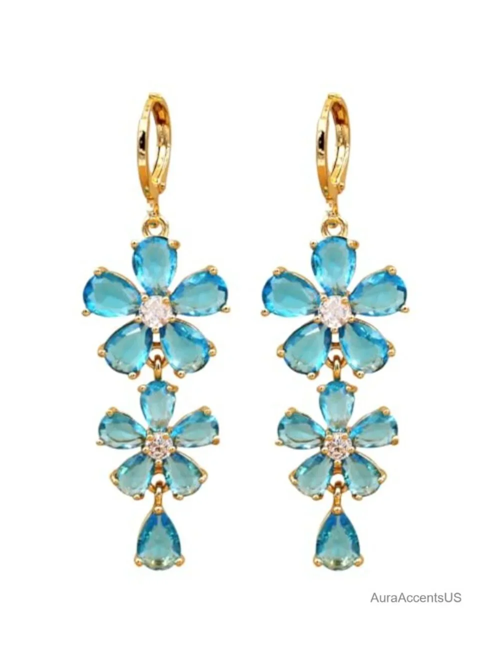 18K Gold Plated Flower Dangle Earrings, Hypoallergenic Cubic Zirconia Drop